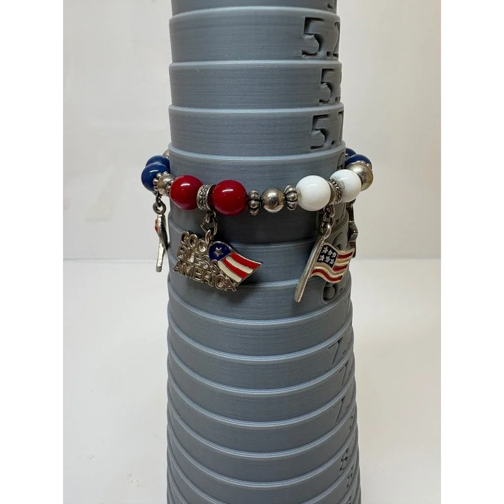 Patriotic Red White Blue Beaded Charm Stretch Bracelet God Bless America Flag
